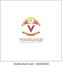 V letter landscape vector illustration. Vintage sunset logo with sun.