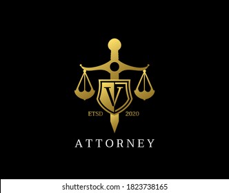 V Letter Law Logo design with golden sword, shield, wreath symbol vector design. Perfect for for law firm, company, lawyer or attorney office logo.