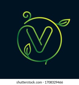 V letter leaf logo in a circle. Impossible one line style. Perfect green icon for environment labels, landscape posters and garden identity, etc.