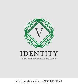 V letter leaf monogram logo and text badge emblem -  vector image