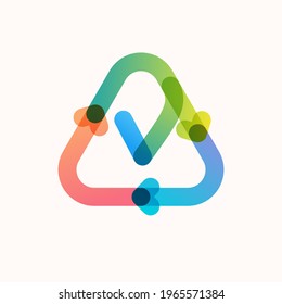 V letter line logo inside triangular shaped recycling symbol with arrows. Colorful gradient overlay emblem for your eco-friendly Illustrations, and plastic free living and zero waste projects. 