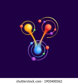 V-Buchstaben Logo mit Atome umkreisen. Vektor-Vivid-Symbol perfekt, um es in allen Wissenschaftsetiketten, Technologieplakaten, Astronomie-Identität usw. zu verwenden.