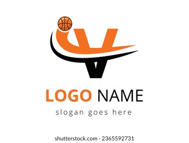 V Letter Logo With Basketball Ball. Sports Symbol Vector Template Design