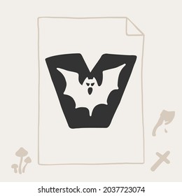 V letter logo with a bat. Vector template for your Halloween invitation card design.