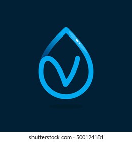 V letter logo in blue water drop. Line style icon. Vector ecology elements for posters, t-shirts and cards.