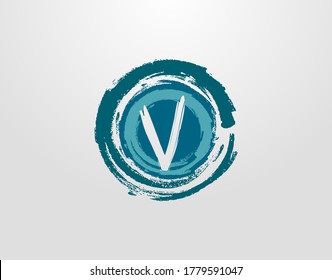 V Letter Logo With Circle Blue Splatter Element. Blue Wave Retro logo design template.