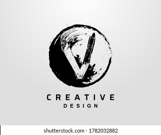 V Letter Logo With Circle Grunge Element. Retro Circle Splatter logo design template.