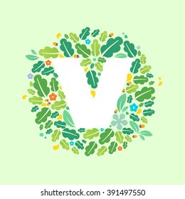 V letter logo in a circle of oak leaves and acorns. Summer font style, vector design template elements for your ecology application or corporate identity.