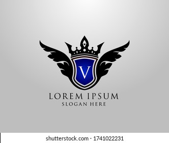 V Letter-Logo. Classy Wings V Schild Design für Royalty, Restaurant, Automotive, Letter Stamp, Boutique, Hotel, Heraldic, Schmuck, Hochzeit.