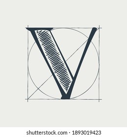 Logo de la letra V con líneas de cuadrícula de construcción. El personaje vectorial serif perfecto para usar en cualquier marca de arquitectura, afiches boutique, identidad de lujo, etc.