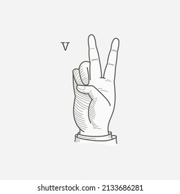 V letter logo in a deaf-mute hand gesture alphabet. Hand-drawn engraving style vector American sign language illustration.