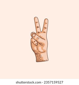 V letter logo in a deaf-mute hand gesture alphabet. Hand drawn vector illustration isolated on brown background.