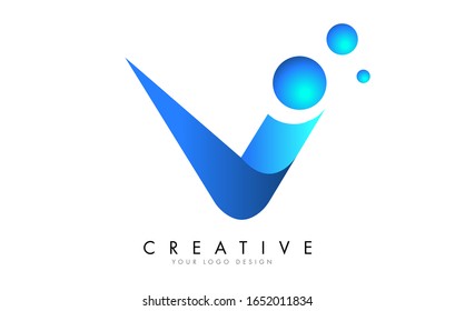 V Letter Logo Design with 3D and Ribbon Effect and Dots. Colorful rounded Letter with Blue Gradient.