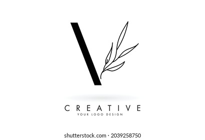 V letter logo design with elegant and slim leaves vector illustration. Creative icon with letter V.