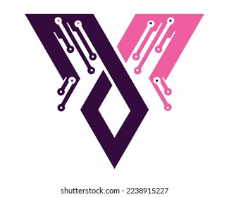 V letter logo design elements made with line and pixels connected with dots