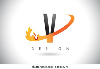 V Letter Logo Design with Fire Flames and Orange Swoosh Vector Illustration.