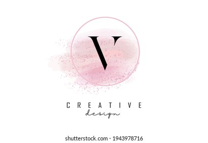 V letter logo design with glittery round frame and pink watercolor background. Creative vector illustration with water drops.