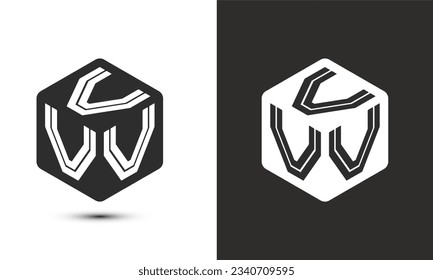 Diseño del logotipo de letra V con el logotipo del cubo ilustrador, logotipo vectorial estilo moderno de superposición de tipos de letra del alfabeto. Icono del logotipo de Premium Business. Color blanco sobre fondo negro