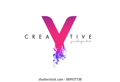 V Letter Logo Design with Ink Cloud Flowing Texture and Purple Colors.