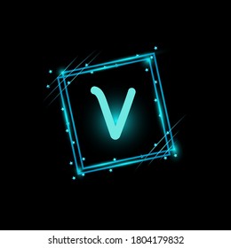 V letter logo design in a neon frame with a black background 