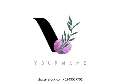 V Letter logo design with pink circle and green leaves. Vector Illustration with with Botanical elements. Nature template concept with V letter for branding, corporate, business, eco  products.