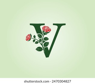 V Letter logo design with red rose flower and leaves on a green background. Initial Letter V Vector Illustration combined with Botanical elements.