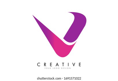 V Letter Logo Design with Ribbon Effect and Bright Pink Gradient. Colorful rounded Letter.