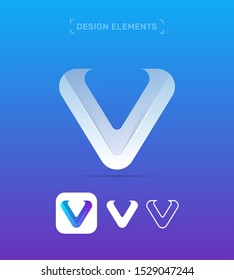 V letter logo design template. Material, flat, line art style. Glossy, ice, sharp blue colors