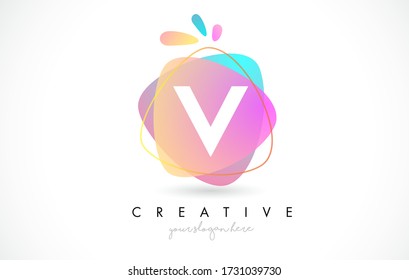 Diseño del logotipo de la letra V con formas redondeadas vibrantes de color Splash. Ilustración de vectores de letras de diseño abstractas de color rosa y naranja azul.