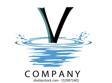 V Letter Logo Design with Water Splash Ripples Drops Reflection Vector Icon Illustration for label, logo, modern lettering, mock-up, company name, title, front page or web page graphic design.