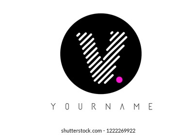 V Letter Logo Design with White Lines and Black Circle Vector Illustration