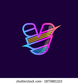 V letter logo with diagonal multicolor lines. This font is perfect for an audio technology, advertising of a tech company, DJs posters, speed music identity, etc.