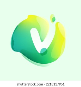 V letter logo in eco gradient splash blot with green leaf. Negative space environment friendly icon. Illusion effect emblem. Perfect for agriculture art, waste recycling design, healthy food packaging