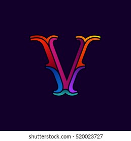 V letter logo in elegant multicolor faceted style. Vintage vector typeface for labels, headlines, posters, cards etc.