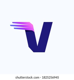 V letter logo with fast speed lines or wings. Corporate branding identity design template with vivid gradient. Can be used for delivery ads, technology poster, sport identity, etc.