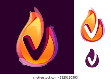 V letter logo in fire flame. Negative space 3D realistic icon. Vibrant initial in overlapping watercolor style. Vector watercolor font for danger labels, multicolor warning posters, sport identity.