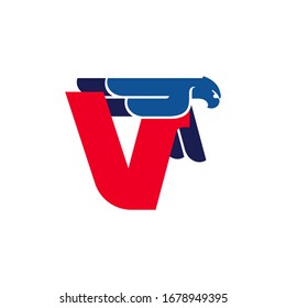 V letter logo with flying eagle. Vector oblique font perfect for sport labels, army posters and fast delivery identity, etc.