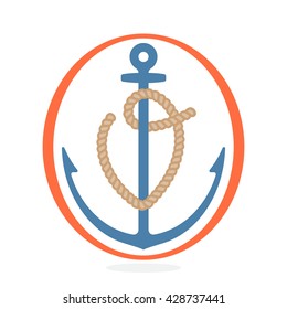 V letter logo formed by rope with an anchor. Vintage badge can be used for a print on fabric, emblem and design elements. 