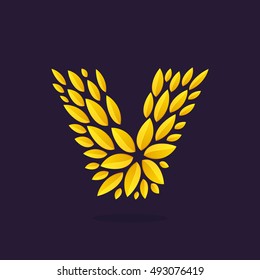 V letter logo formed by gold leaves. Vintage award laurel wreath. Vector triumph and success elements for banner, presentation, web page, card, labels or posters.
