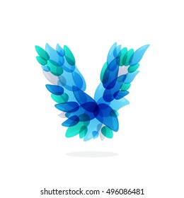 V letter logo formed by blue water splashes. Droplet pattern. Vector ecology elements for posters, t-shirts and cards.
