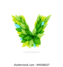 V letter logo formed by watercolor fresh green leaves. Brush stroke pattern. Vector ecology elements for posters, t-shirts and cards.