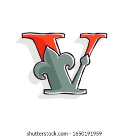 V letter logo with french lily and offset printing effect. Premium vector serif typeface for retro identity, victorian package, antique book, premium diploma, etc.