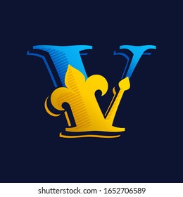 V letter logo with gold french lily and hatching shadow. Premium vector serif font for victorian identity, luxury package, retro book, western diploma, etc.