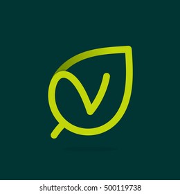 V letter logo in green leaf. Line style icon. Vector ecology elements for posters, t-shirts and cards.