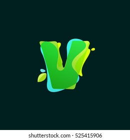V letter logo with green watercolor splashes. Color overlay style. Vector ecology typeface for labels, headlines, posters, cards etc.