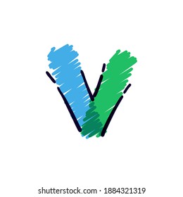 V letter logo hand drawn with a colored pencils. Perfect vector childish font for a school style cartoon, cute comic print, kindergarten posters, etc.