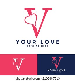 V letter logo with heart icon, Happy Valentines initial V logo, Valentines Day greeting card banner logo template