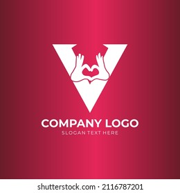 V letter logo with heart icon, valentines day concept