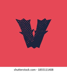 Logo de la letra V en estilo de horror con textura gruesa. Plantilla de tipo vectorial para tu temible identidad corporativa, emblema de circo, afiches de halloween, diseño de estilo occidental, etc. 