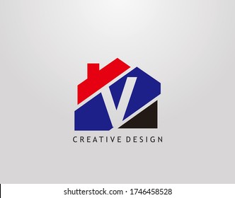 V Letter Logo. house strip shape with negative letter V, Real Estate Architecture Construction Icon Design.